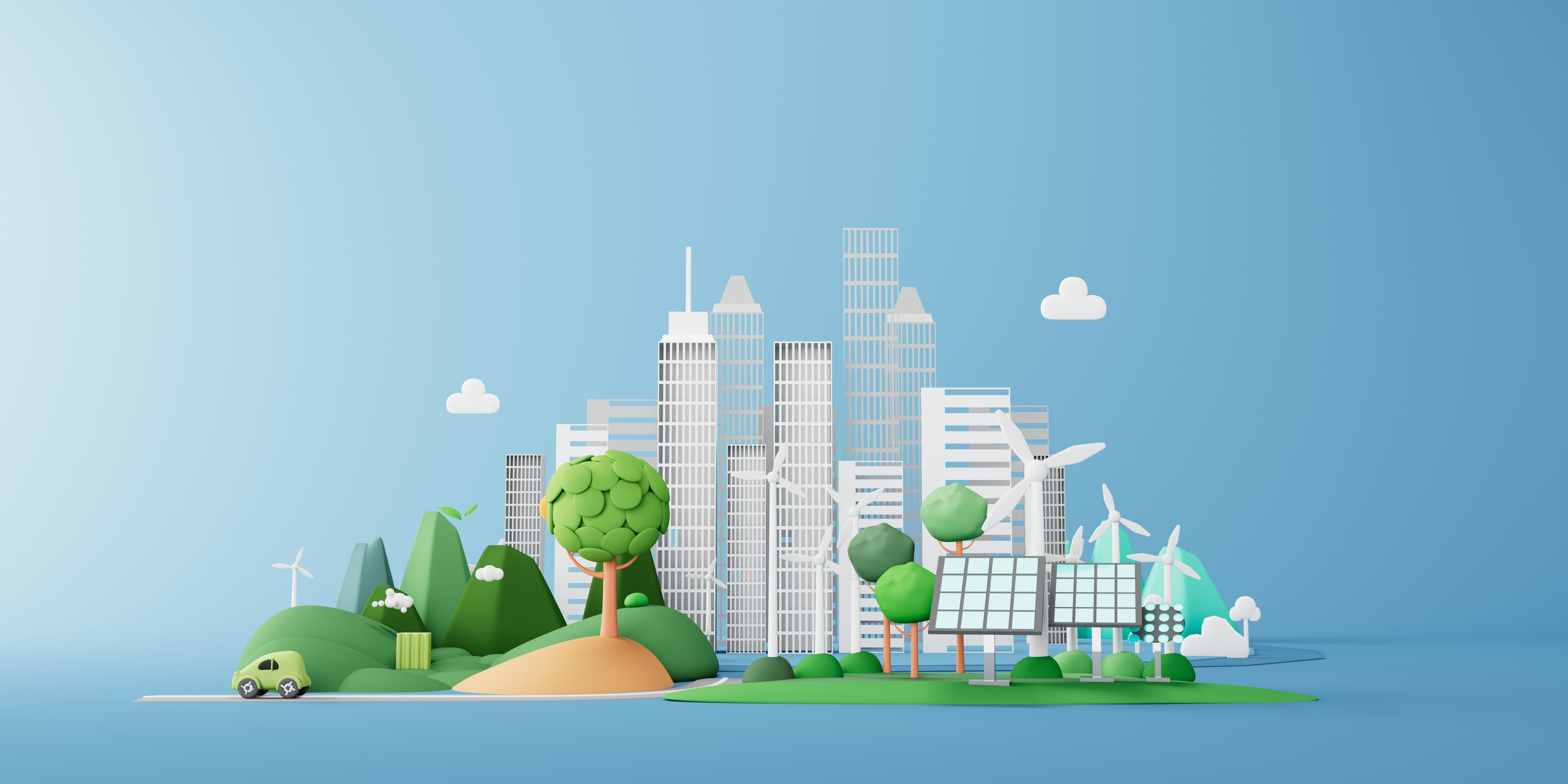 Illustration of solar energy boards, wind power structure and business buildings